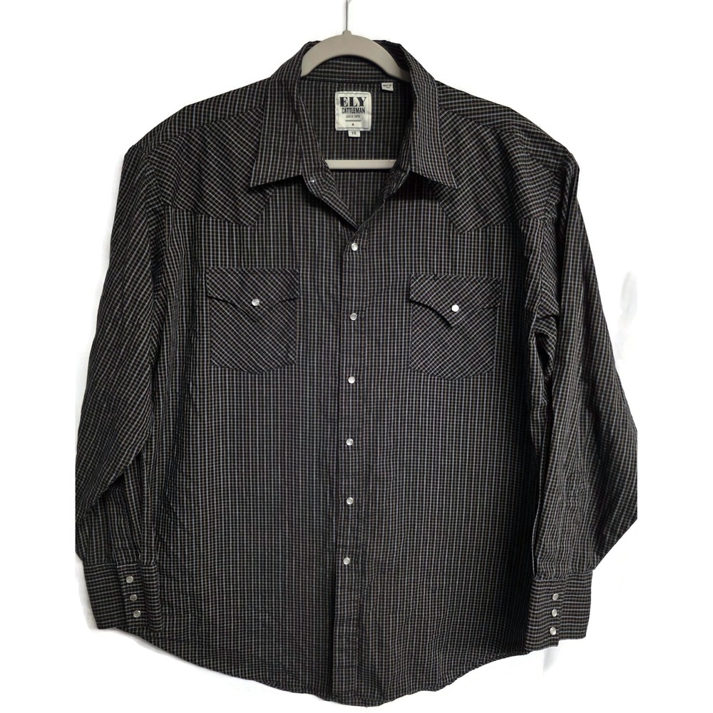 Ely Cattleman Mens XXL Black Tan Plaid Western Pearl Snap Shirt Long Sleeve 8868
